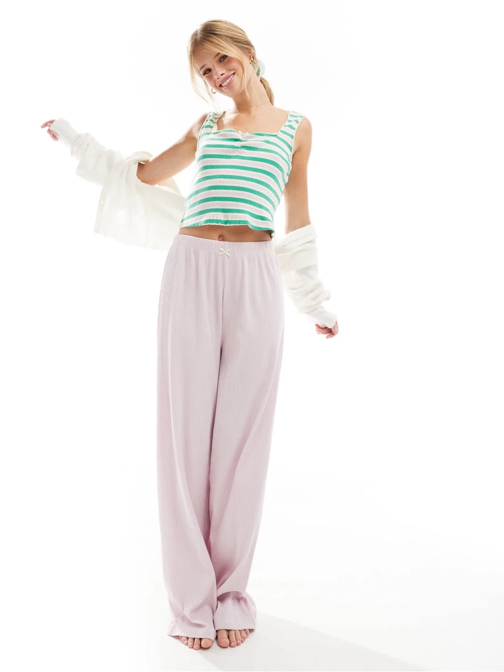 ASOS DESIGN Cotton Ribbed Lounge Top in Green & Lilac Stripe Size Small